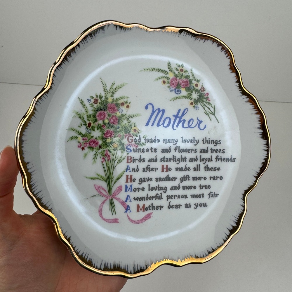 Vtg Mother Decorative Wall Plate Gold Accents Floral God Quote Gift Grannycore